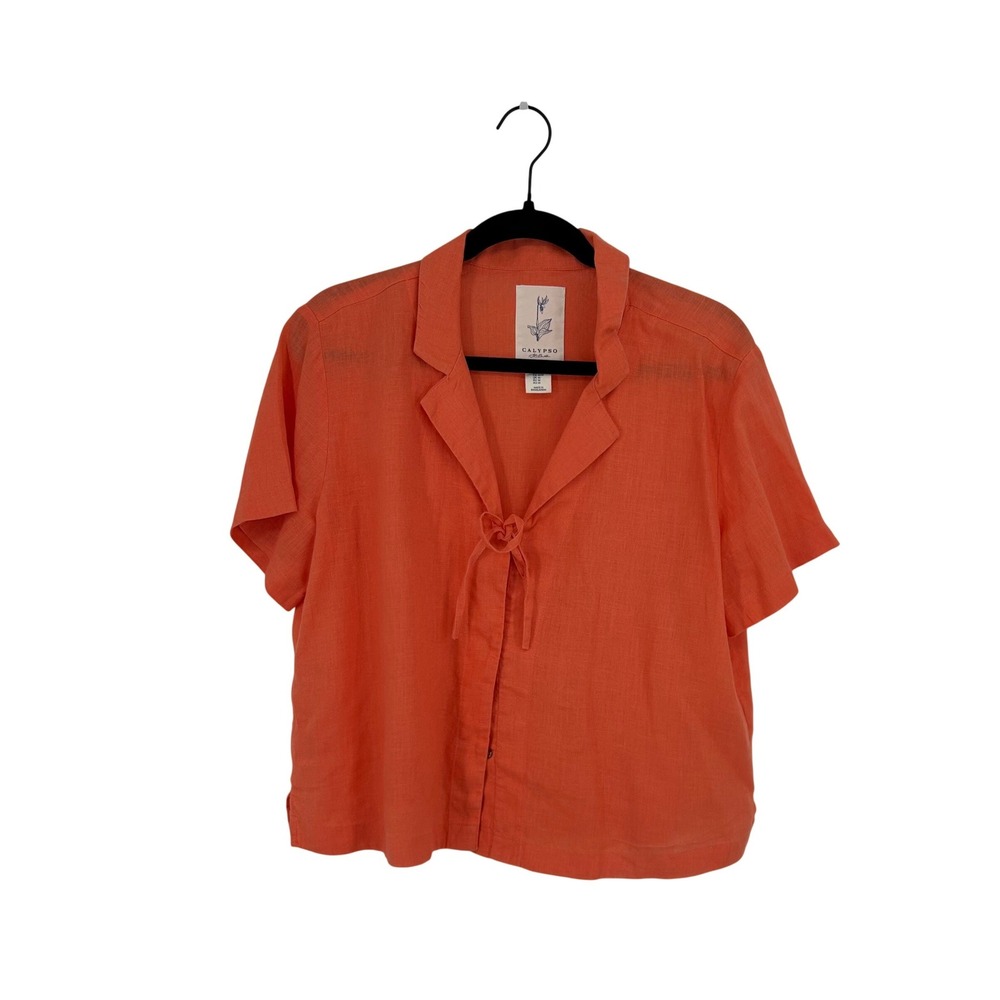 Calypso St Barth Womens Orange 100% Linen Short Sleeve Tie Front Blouse Medium